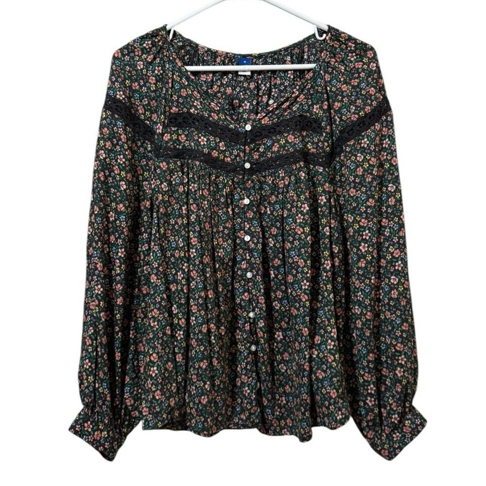Old Navy Women Size Medium Button Down Blouse Peasant Cottagecore Floral Lace